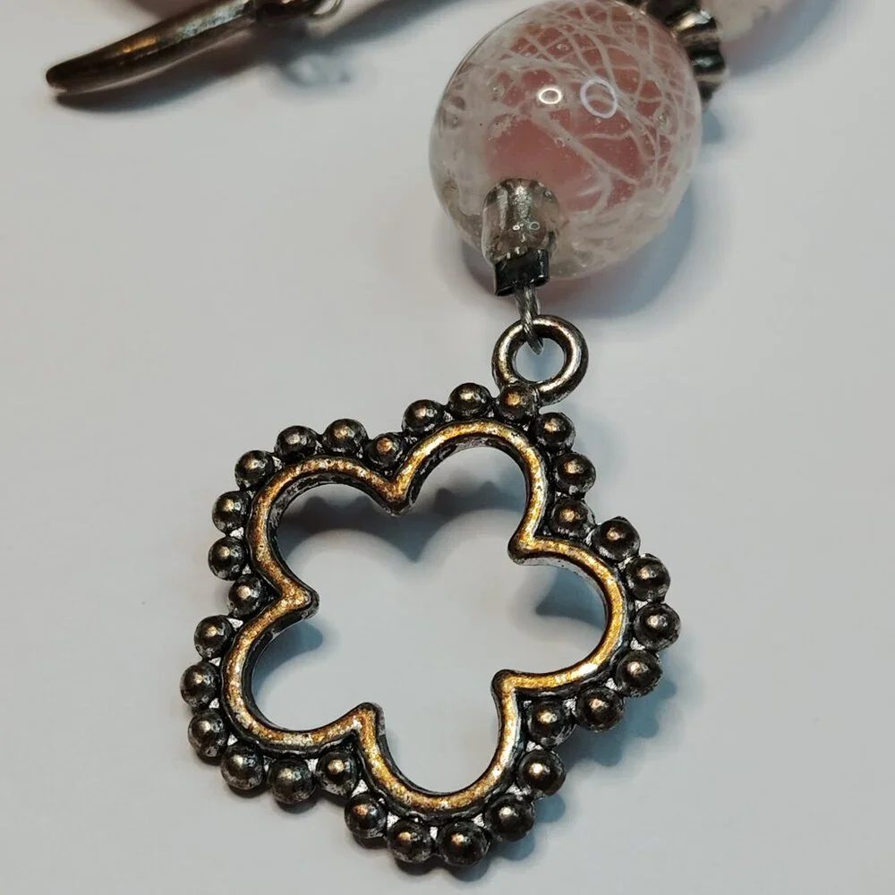 Artisan Made Vintage Pink Glass Bead Necklace Filigree Heart Dangle 19